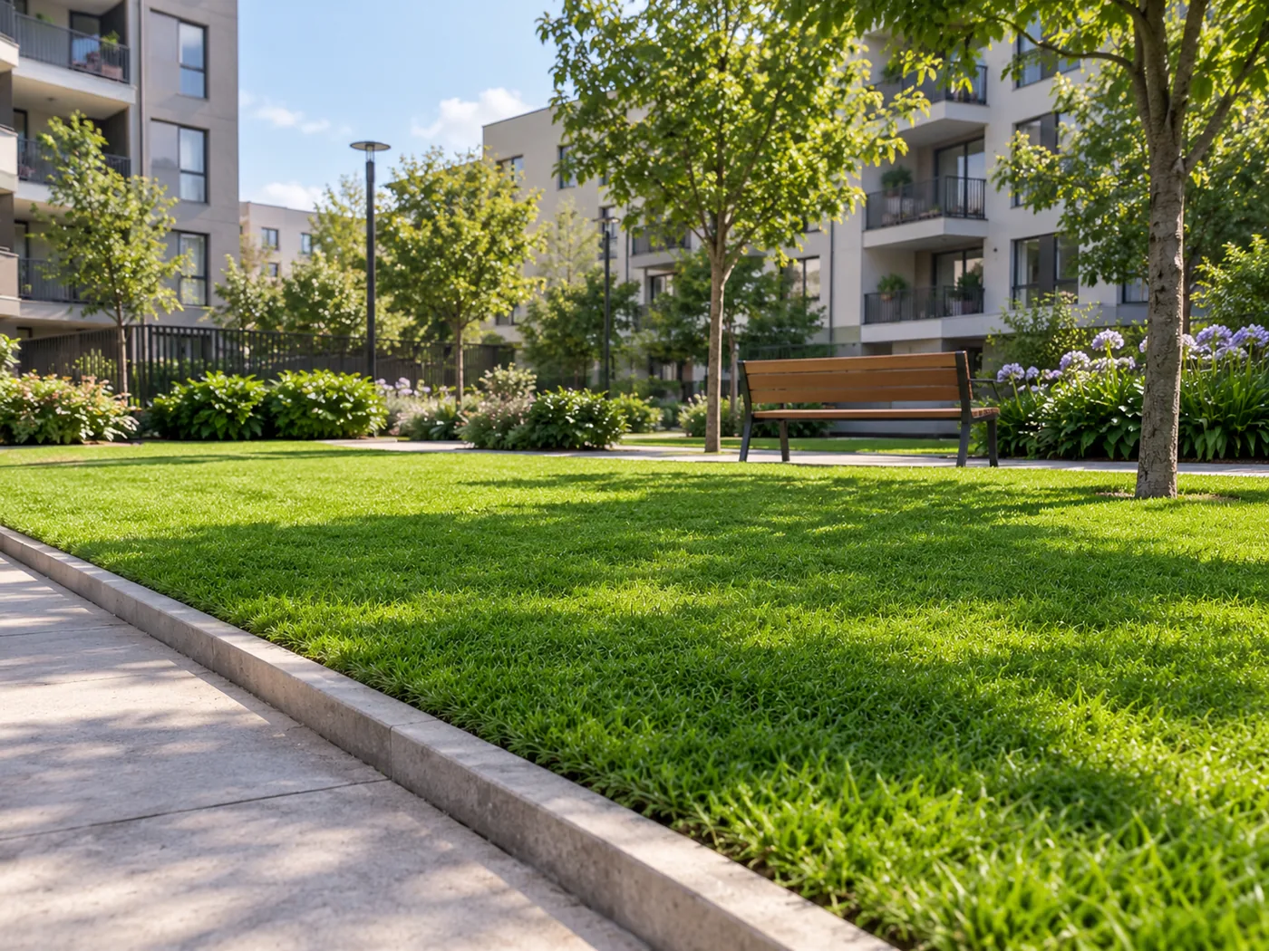 Área verde común de un condominio con pasto alfombra